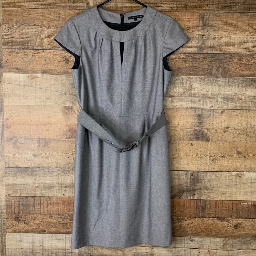 Antonio Melani gray cap sleeve belted dress SZ 10